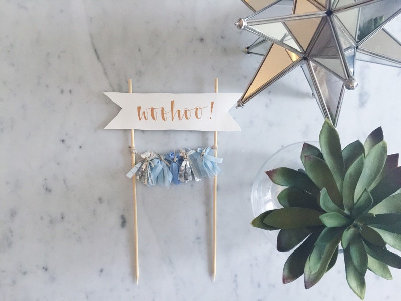 Cake Topper / Rose Gold Modern Calligraphy / Custom Hand Lettered/ Blue Silver / Made-To-Order/ Hand Made Mini Tassels / image 2