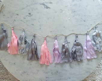 9 Inch Fabric Tassel Garland / Handmade / Customise / Pink Purple Lilac Grey Silver / Weddings Bridal Hens Birthday Baby-Shower Baby Girl /