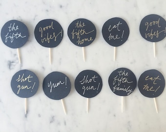 10 Cupcake Topper Set / Hand Made / Modern Calligraphy / Custom Hand Lettered / Round / Black Paper / Birthday Wedding Baby Shower Dessert