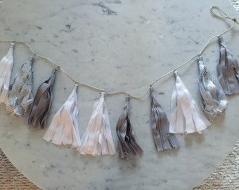 9 Inch Fabric Tassel Garland / Handmade / Customise / Minimalistic / Monochrome / White Grey Silver / Weddings Birthdays Baby-Showers Etc /