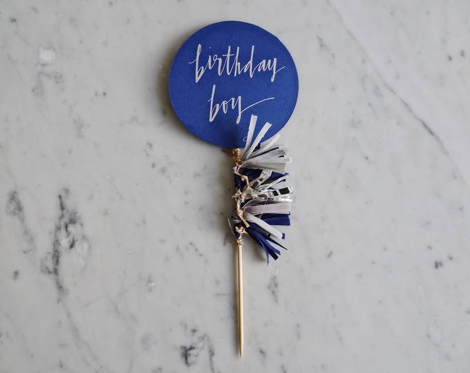 Featured listing image: Cake Topper / Silver Modern Calligraphy / Custom Hand Lettered / Navy Grey Silver Blue Boy / Mini Tassels Balloon / Birthday Wedding/