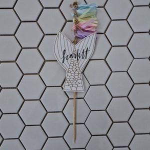 Mermaid Tail Cake Topper / Gold Modern Calligraphy / Custom Hand Lettered / Rainbow Pastel / Mini Tassels / First Birthday / Under The Sea