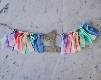 Mini Fabric Tassel Garland With Number / High Chair Banner / Custom / One / Unicorn / Pastel Rainbow / First Birthday / Weddings Bridal