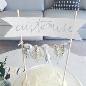 Cake Topper / Silver Calligraphy / Custom Hand Lettered / Silver Gold / Made-To-Order/ Hand Made Mini Tassels / Bamboo Skewers / Birthdays / image 2