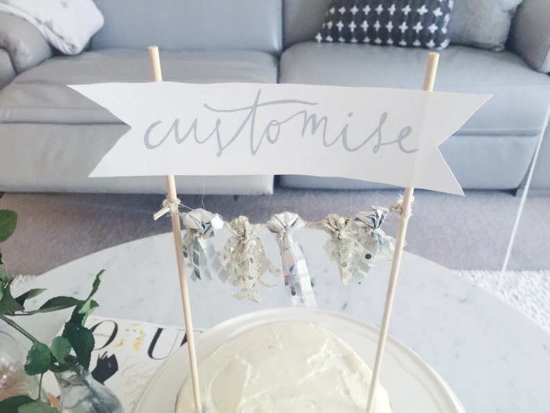 Cake Topper / Silver Calligraphy / Custom Hand Lettered / Silver Gold / Made-To-Order/ Hand Made Mini Tassels / Bamboo Skewers / Birthdays / image 2