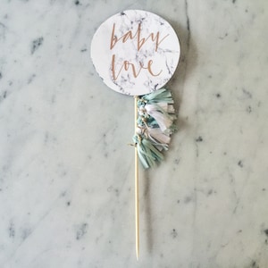 Cake Topper / Marble Print / Modern Calligraphy / Custom Hand Lettered / Mint White / Mini Tassels Balloon / Birthday / Love Baby image 1