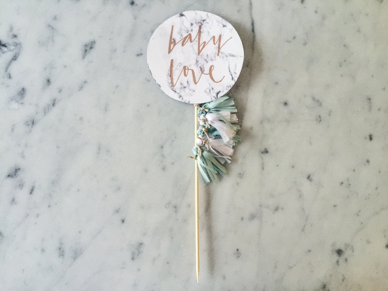 Cake Topper / Marble Print / Modern Calligraphy / Custom Hand Lettered / Mint White / Mini Tassels Balloon / Birthday / Love Baby image 1