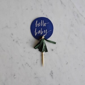 Mini Cake Topper / Silver Modern Calligraphy / Custom Hand Lettered / Navy Grey Silver Blue Boy / Mini Tassels Balloon / Birthday Wedding/