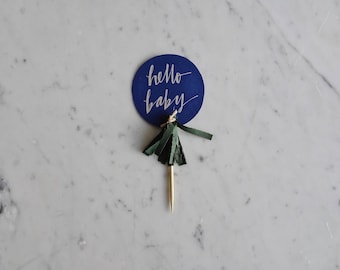 Mini Cake Topper / Silver Modern Calligraphy / Custom Hand Lettered / Navy Grey Silver Blue Boy / Mini Tassels Balloon / Birthday Wedding/