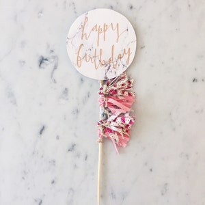 Cake Topper / Marble Print / Modern Calligraphy / Custom Hand Lettered / Pink Silver Watermelon / Mini Tassels Balloon / Birthday / Love