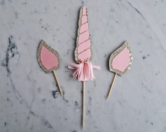 Unicorn Horn And Ears Cake Topper Set / Gold Pink Horn and Ears / Hand Made / Mini Tassels / Unicorn Mane Pastels / First Birthday / Glitter