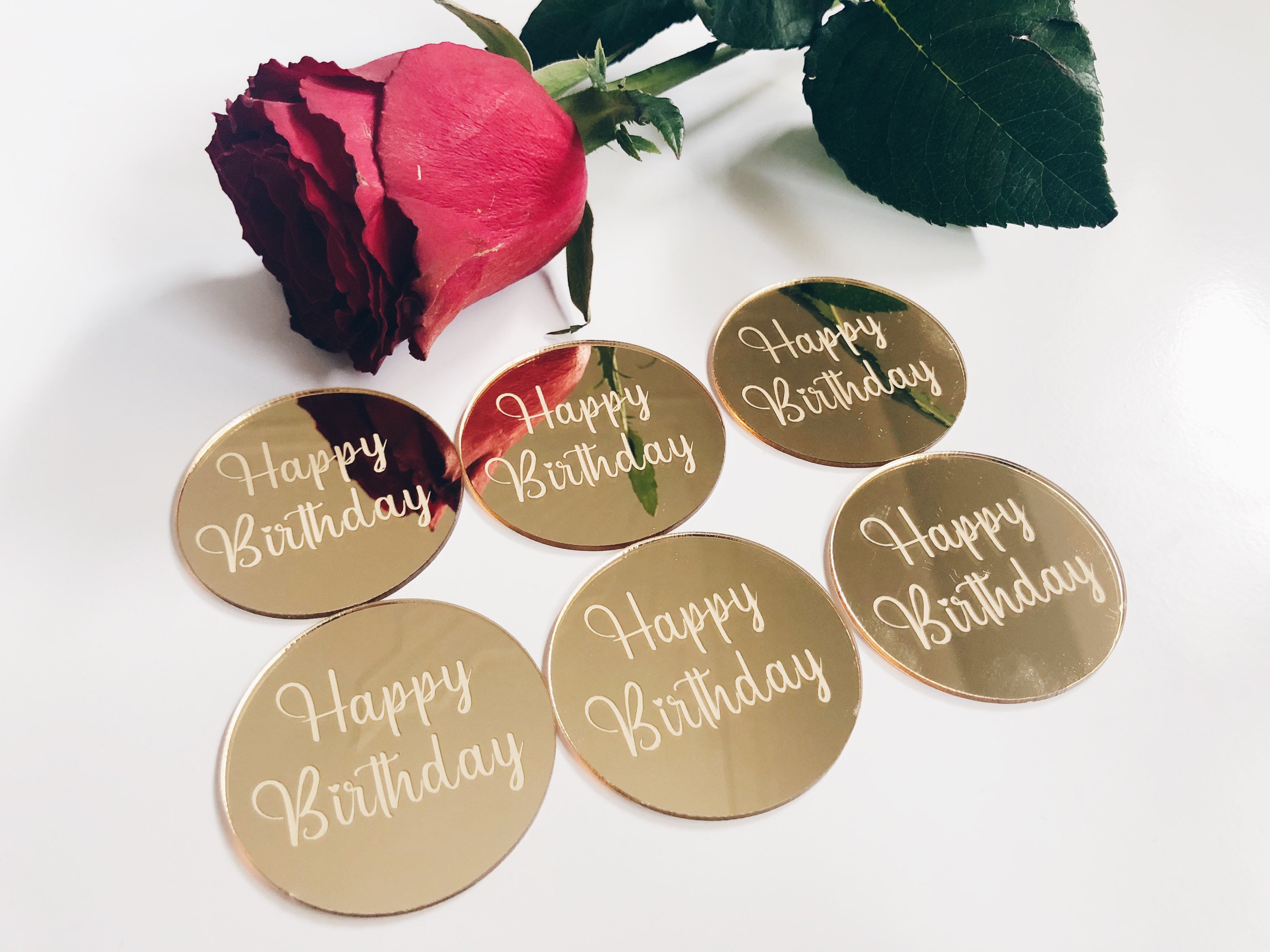 6 Gold Acrylic Cake Disc Mirror Cupcake Toppers Happy Birthday Cake Toppers