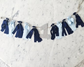 Mini Fabric Tassel Garland With Number / High Chair Banner / Custom / Navy Blue Silver / First Birthday / Baby / Tassels