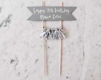 Cake Topper / Modern Calligraphy / Custom Hand Lettered / Silver / Hand Made Mini Tassels / Party / Birthdays / White Grey Gray Cream