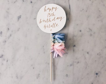 Cake Topper / Modern Calligraphy / Custom Hand Lettered/ Pastel Unicorn Rainbow / Made-To-Order/ Hand Made Mini Tassels / Happy Birthday