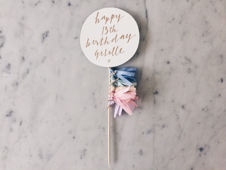 Cake Topper / Modern Calligraphy / Custom Hand Lettered/ Pastel Unicorn Rainbow / Made-To-Order/ Hand Made Mini Tassels / Happy Birthday image 1