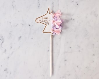 Unicorn Cake Topper / Gold Modern Calligraphy / Custom Hand Lettered / Lilac Purple Baby Pink Birthday / Tassels / Unicorn Mane Pastels /