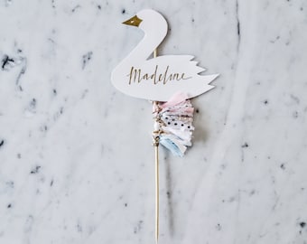 Swan Cake Topper / Gold Modern Calligraphy / Custom Hand Lettered / Pink Silver Blue Blush / Mini Tassels / Baby Name Pastels /