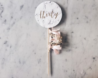 Cake Topper / Marble Print / Modern Calligraphy / Custom Hand Lettered / Blush Pink Gold / Mini Tassels Balloon / Birthday / Love