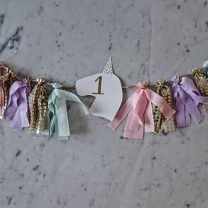 Unicorn Mini Fabric Tassel Garland With Number / High Chair Banner / Custom / One / Unicorn / Pastel Rainbow / First Birthday /