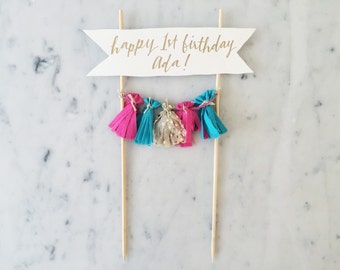 Cake Topper / Gold Calligraphy / Custom Hand Lettered/ Fuchsia Pink Turquoise Blue / Made-To-Order/ Hand Made Mini Tassels / Baby Girl /