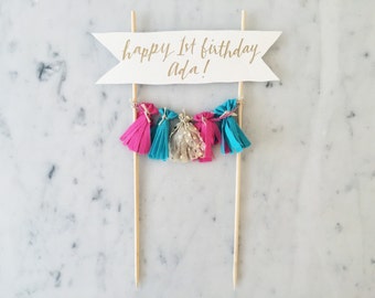 Cake Topper / Gold Calligraphy / Custom Hand Lettered/ Fuchsia Pink Turquoise Blue / Made-To-Order/ Hand Made Mini Tassels / Baby Girl /