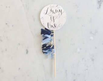 Cake Topper / Marble Print / Modern Calligraphy / Custom Hand Lettered / Navy Blue Silver / Mini Tassels Balloon / Birthday / Love