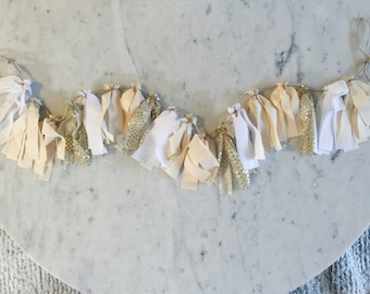 5 Inch Fabric Tassel Garland / Handmade Decor/ Custom / Indian Raw Cotton Cream Peach Gold White / Bridal Wedding Birthday Baby Shower /