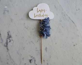 Cloud Cake Topper / Gold Modern Calligraphy / Custom Hand Lettered / Mini Tassels / First Birthday / Happy Birthday / Denim /