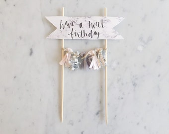 Cake Topper / Marble Print Paper / Gold Modern Calligraphy / Custom Hand Lettered / Blush Pink Silver Grey Gray / Hand Made Mini Tassels /