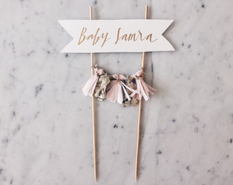 Cake Topper / Gold Calligraphy / Custom Hand Lettered/ Blush Pink Gold/ Made-To-Order/ Hand Made Mini Tassels / Baby Girl Name