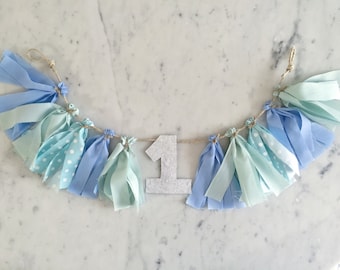 Mini Fabric Tassel Garland With Number / High Chair Banner / Custom / Mint Blues Polka Dot / First Birthday / Weddings Bridal Party /