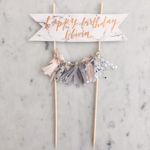 Cake Topper / Marble Print Paper / Rose Gold Modern Calligraphy / Custom Hand Lettered/ Silver Blush Grey / Hand Made Mini Tassels /
