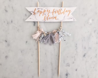 Cake Topper / Marble Print Paper / Rose Gold Modern Calligraphy / Custom Hand Lettered/ Silver Blush Grey / Hand Made Mini Tassels /