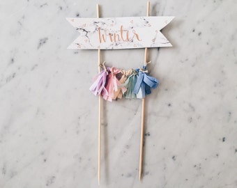 Cake Topper / Marble Print Paper / Rose Gold Modern Calligraphy / Custom Hand Lettered/ Pastels Rainbow / Hand Made Mini Tassels / Birthday