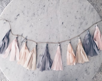 9 Inch Fabric Tassel Garland / Handmade Party Decor / Custom / Indian Raw Cotton Cream Grey Blush Peach Pastels / Birthday Baby-Shower /