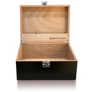 Locking Wood Storage Box - Decorative box for Home or Office - Wooden Box with Hinged Lid Keepsake Box with Lock Black Oak Box with Lid