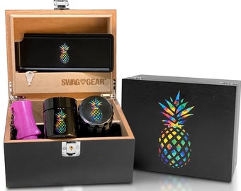 Extra Large Pineapple Stash Box Combo Locking Pineapple Combo Grinder Stash Jar and Rolling Tray Set - Brand New Upgraded Combo!