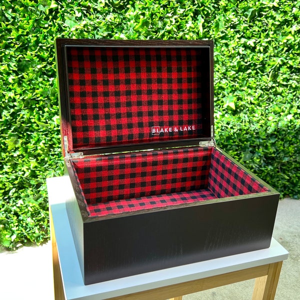 Large Wooden Keepsake Box with fabric lining - Oak Wood Box Padded and Lined with Buffalo Plaid - Decorative hinged lid Storage Box for Home