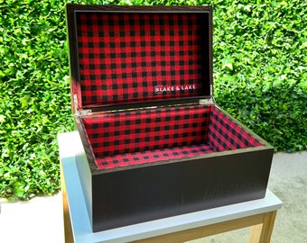 Large Wooden Keepsake Box with fabric lining - Oak Wood Box Padded and Lined with Buffalo Plaid - Decorative hinged lid Storage Box for Home