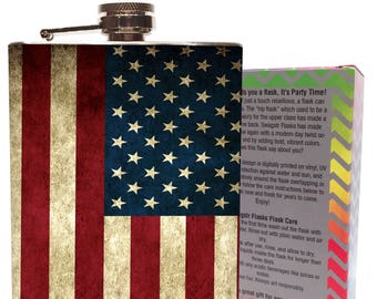 Engraved American Flag Matte Black Stainless Steel Flask and 50 Caliber Bottle Opener Set