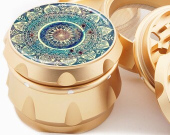 Blue Mandala Herb Grinder 4 Piece Gold Grinder 2.25" Wide Premium Swagstr Grinders with pollen catcher - Gift box!