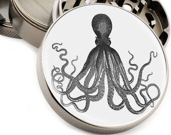 Black Octopus 4 Piece Titanium Premium Large Herb Grinder 2.5" Wide w pollen catcher Nautical Vintage - Cute Kraken w/ Gift Box