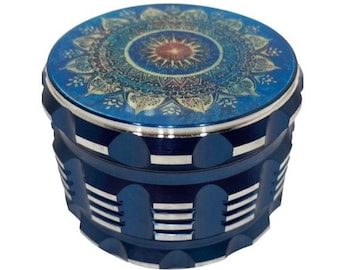 Blue Mandala Large Herb Grinder - Big Aluminum Grinder 4 Part Grinder with Pollen Catcher 2.5" Wide for spices and herbs Swag Gear Gift Box