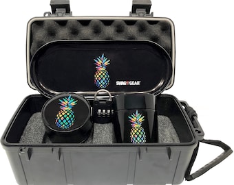 Pineapple Locking Stash Box Combo - Smell Proof Case with lock Grinder Stash Jar and Rolling Tray - 100% Odor proof Travel Case