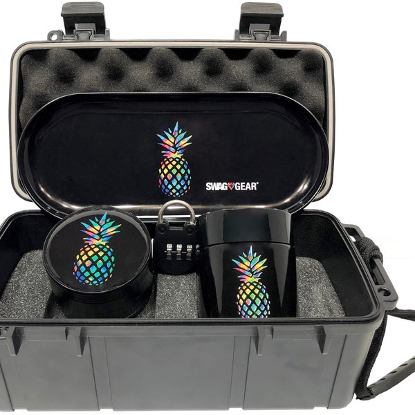 Pineapple Locking Stash Box Combo - Smell Proof Case with lock Grinder Stash Jar and Rolling Tray - 100% Odor proof Travel Case