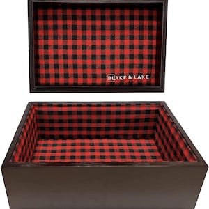 Large Oak Wood Keepsake Box - Wooden Box Lined with Buffalo Plaid and Lift Off Lid - Wooden Decorative Storage Box for Home Jewelry