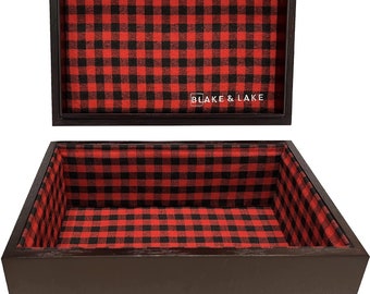 Large Oak Wood Keepsake Box - Wooden Box Lined with Buffalo Plaid and Lift Off Lid - Wooden Decorative Storage Box for Home Jewelry