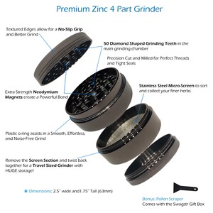 Op de afbeelding: Een vierdelige grinder van zink met een zwarte afwerking. De grinder heeft een diamantvormige maalruimte, een roestvrijstalen microscherm en een pollenkrabber. De grinder is 2,5 inch breed en 1,75 inch hoog.
