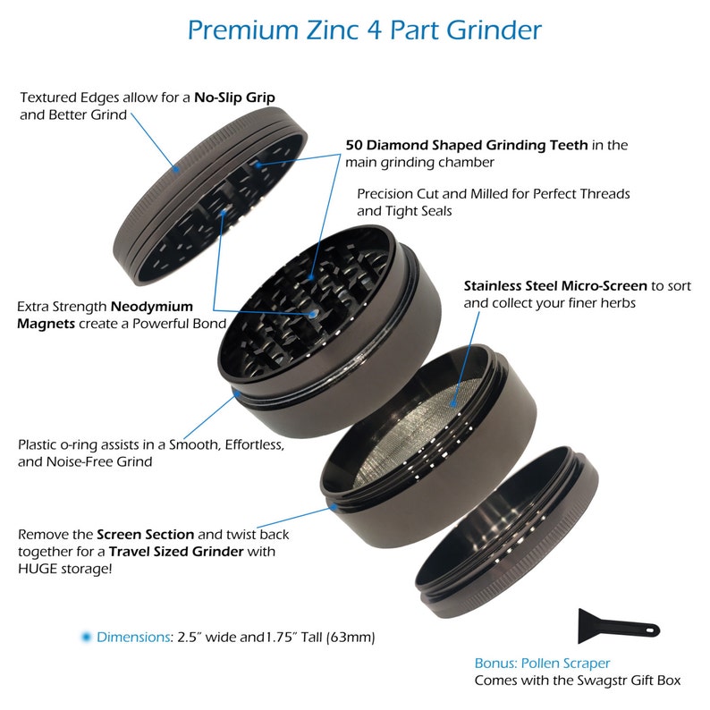 Op de afbeelding: Een vierdelige grinder van zink met een zwarte afwerking. De grinder heeft een diamantvormige maalruimte, een roestvrijstalen microscherm en een pollenkrabber. De grinder is 2,5 inch breed en 1,75 inch hoog.
